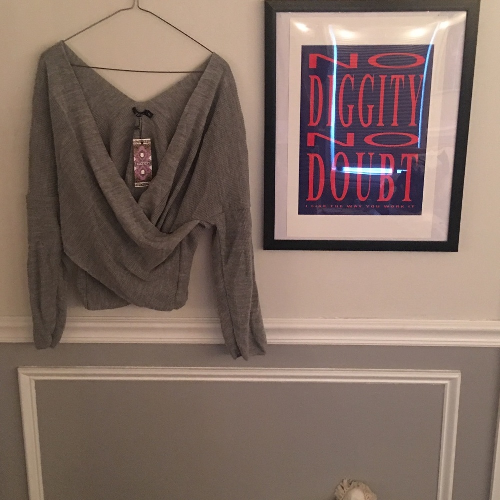 Boohoo gray wrap sweater